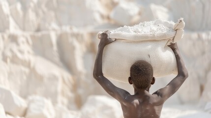 Obraz premium Front view of a boy carrying a sack of minerals, strained muscles, soft-focus background emphasizing the rugged landscape, child labor.