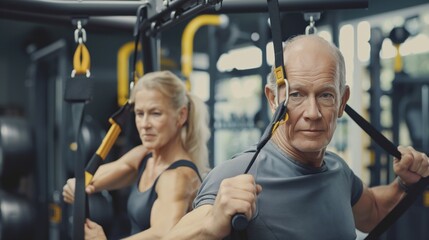 Senior man and woman doing exercises for their muscles in the gym