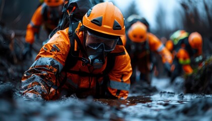 Fototapeta premium Natural disaster aftermath with rescue workers in action, Historical, Earthy tones, Photography