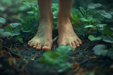 A serene close-up of a person's feet firmly planted on the earth, exuding stability and poise during a yoga practice. The image conveys a sense of calm and harmony with nature.