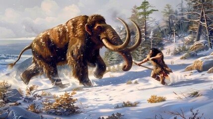 Tribe of primitive humans wearing furs for clothing and brandishing spears of wood and stone, running after a wooly mammoth in the north america 20000 years ago