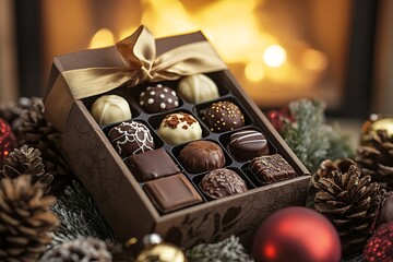 A beautifully wrapped box of assorted chocolates, adorned with a festive ribbon and surrounded by holiday decorations