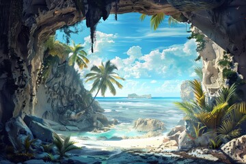 Rocky cave entrance to a beautiful tropical island beach paradise with palm trees and blue ocean