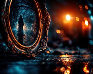 Paranormal activity with a ghostly figure in a mirror, Horror, Dark tones, Photography