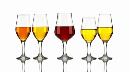  Five wine glasses each filled with a different colored wine against a white background