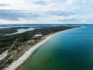 Studland Naturist Beach and Knoll Beach Studland over Studland and Godlingston Heath National Nature Reserve from a drone, Studland, Poole, Dorset, England