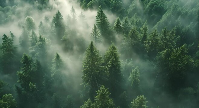 Foggy morning green pine forest scenery from drone aerial view. Slow motion HD nature background video footage.