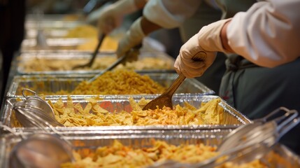 Obraz premium A group of volunteers ladles hearty meals into trays for community members, showcasing cooperation and kindness during a busy evening at a local kitchen