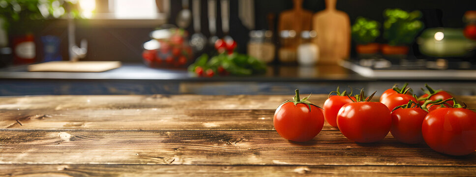 A wooden table with an empty space for product display, surrounded by ingredients like herbs and tomato