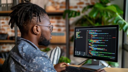 A young man is focused on coding at his computer in a stylish workspace, surrounded by greenery and warm brick walls, highlighting a blend of technology and nature