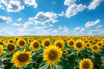 Fototapeta premium a vast field of sunflowers under a bright summer sky. sunflower field in summer, floral and botanical, beautiful nature landscape