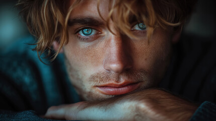 Close-up of a young man with piercing blue eyes and tousled hair, looking thoughtfully into the camera.