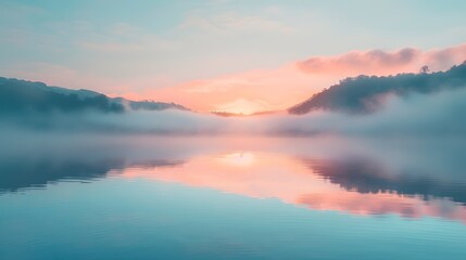 Obraz premium the serene beauty of sunrise over mist-covered mountains with soft pastel colors. sunrise over misty mountains, beautiful nature and wild landscape