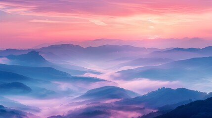 the serene beauty of sunrise over mist-covered mountains with soft pastel colors. sunrise over misty mountains, beautiful nature and wild landscape