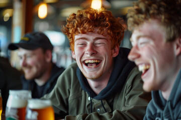 Fototapeta premium Young friends laughing together while drinking beer in a modern pub