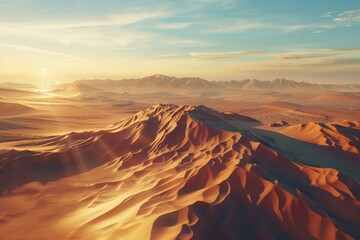 Fototapeta premium Golden Desert Dunes at Sunset with Mountain Range in Distance