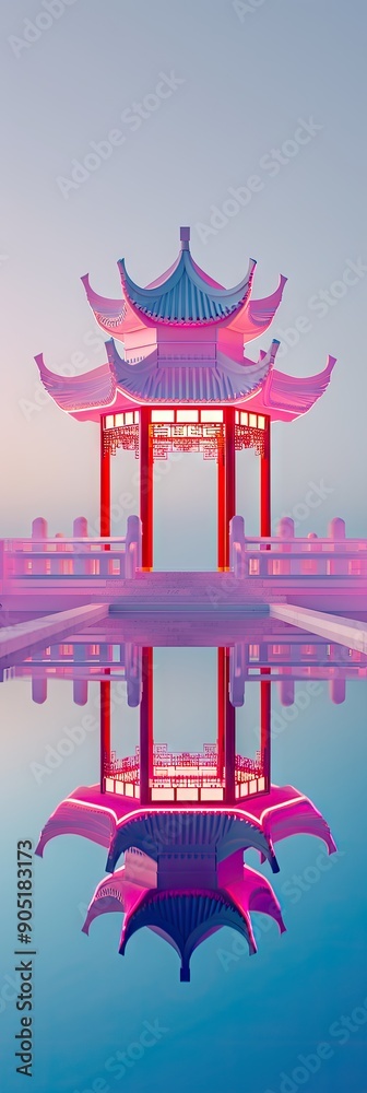 Wall mural a asian pavilion and water, neon bright colors lighting in a fashion photography style background, a