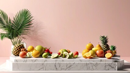 Marble Podium with Fresh Fruits - Pink Background