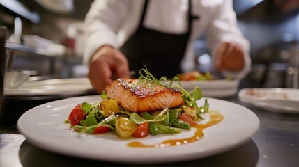 Gourmet chefs plate pan-seared salmon with fresh vegetables and sauces in fine-dining kitchens, highlighting healthy eating and culinary expertise