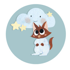 Watercolor illustration template with a kitten on a round background with clouds and stars