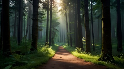 Fototapeta premium Pathway through a dense forest leading to a bright clearing 
