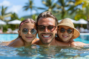 Obraz premium A smiling young father and his children in a swimming pool enjoying the vacation