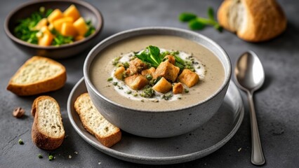  Deliciously creamy soup with croutons served with a side of fresh bread