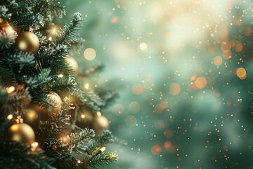 Christmas tree with golden ornaments, blurred lights on green background. Festive holiday concept. Design for greeting card, poster, banner. Copy space