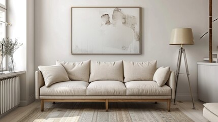 Fototapeta premium Elegant beige sofa in an empty white interior with art above the sofa and a wooden tripod lamp by a window