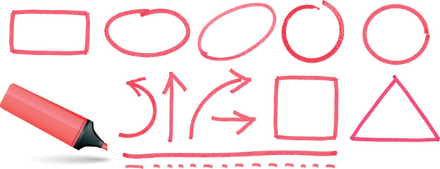 Set of red marker highlighter design elements. Underlines, strokes, lines, arrows, talk bubbles, text boxes, frames and borders.