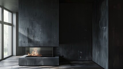 Open dirty corner pane in a modern fireplace with a closed combustion chamber standing in the living room painted black