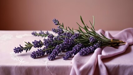 Fototapeta premium Elegance in bloom A bouquet of lavender on a pink tablecloth