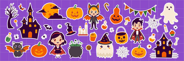 A purple background with Halloween decorations including a pumpkin, a ghost, a witch, a vampire, and a castle