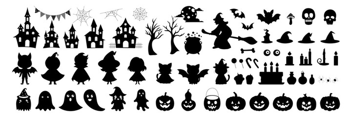 Halloween themed black and white images of witches, ghosts, pumpkins, and other spooky creatures