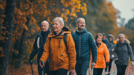 Adult woman 70 years old takes part in group autumn hike. Nordic walking in autumn in warm clothes, group of elderly people take walks in forest