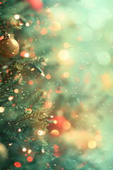 Christmas tree with golden baubles and bokeh lights. Festive decoration. Holiday season. Design for greeting cards and posters. Closeup view with copy space