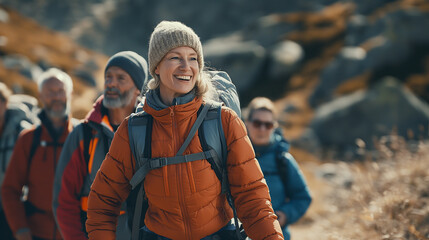 Young, middle-aged woman in jacket taking part in group autumn hike. Nordic walking in autumn in warm clothes, group of middle-aged people hiking in forest in mountainous area