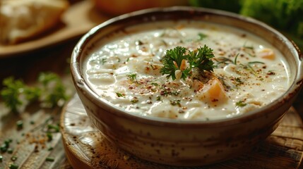 Bulgarian tarator sour milk soup on wooden table