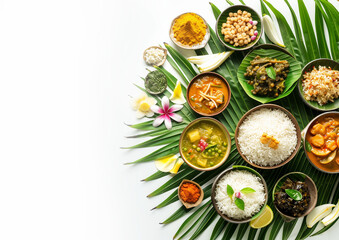 Traditional food Onam sadhya served on banana green leaf, south indian vegeterian meal arranged in traditional way. Onam Sadya vegetarian meal with rice and curries, kerala food, Kerala, india.	