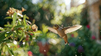 colibri flying in a backyard, the photo was taken in the style of National Geographic, hyper-detailed photo, high quality photo, professional photoshoot, matterport camera, 80mm lens, in the high reso