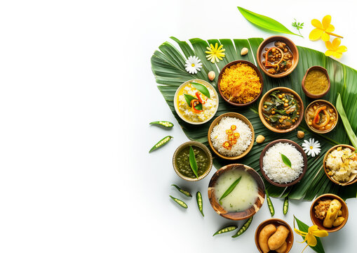 Traditional food Onam sadhya served on banana green leaf, south indian vegeterian meal arranged in traditional way. Onam Sadya vegetarian meal with rice and curries, kerala food, Kerala, india.