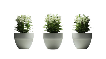 Three white pots with white flowers isolated on transparent background