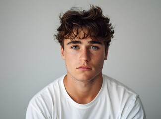 Fototapeta premium Portrait of a Young Man with Curly Hair and Blue Eyes