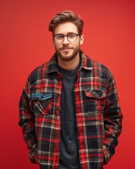 Fototapeta premium Young Man in Plaid Jacket Posing Against Red Background