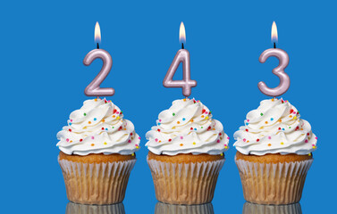 Birthday Cupcakes With Candles Lit Forming The Number 243