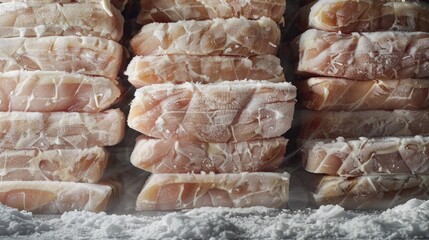 Stacks of semifinished frozen chicken and fish cutlets