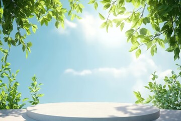 Obraz premium Abstract podium design with sunlit leaves and blue sky, harmony of nature and creativity