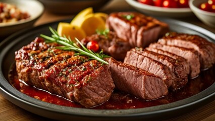  Deliciously grilled steak with vibrant garnish ready to be savored