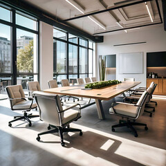 Sleek and Modern Office Lounge with Comfortable Seating, Glass Walls, and Natural Light, Perfect for Relaxation and Informal Meetings