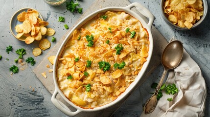 creamy cheesy chicken almond casserole topped with potato chips in baking dish with spoon on concrete table with ingredients american recipe flat lay